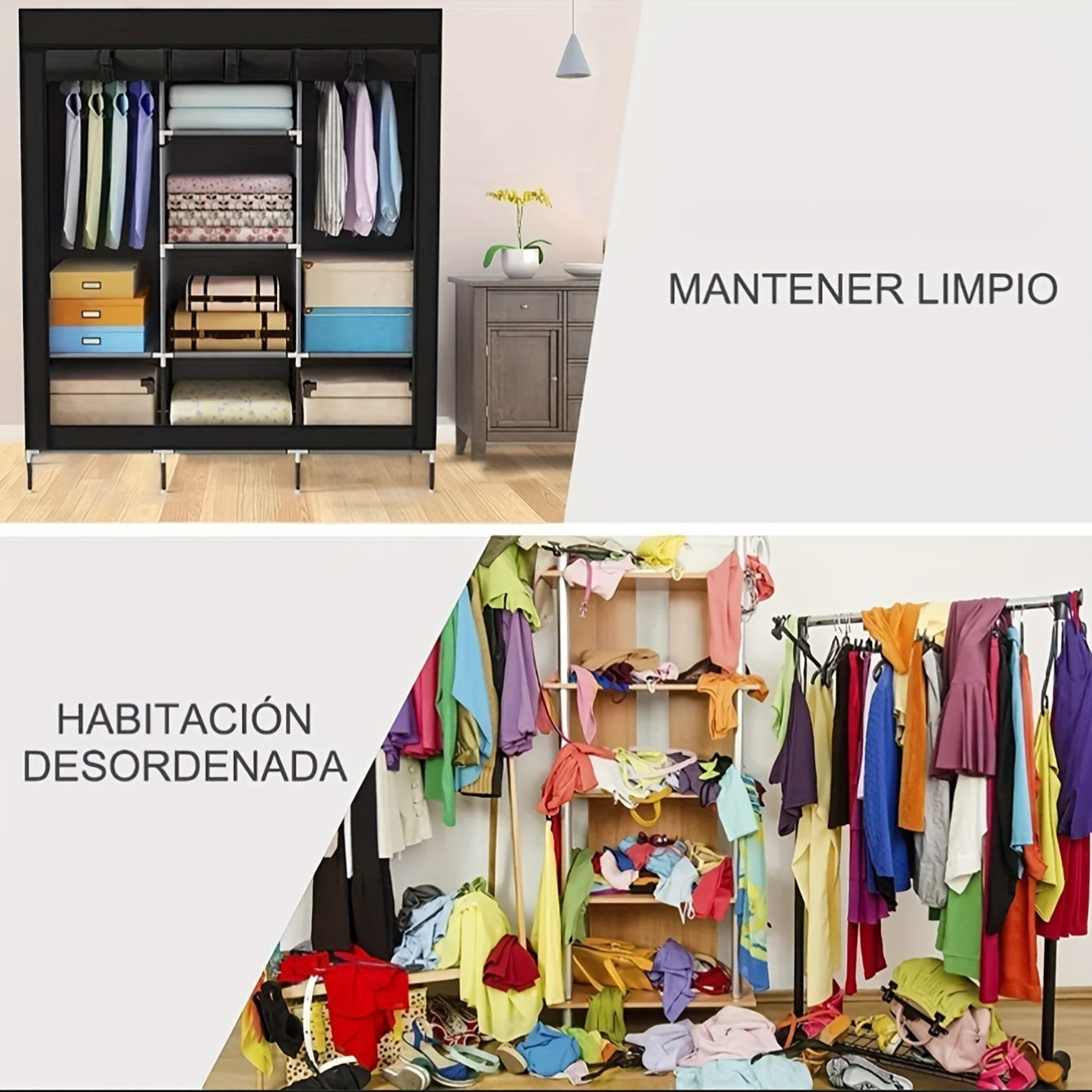 Portable Wardrobe Closet Clothes Organizer Non-Woven Fabric Cover with 6 Storage Shelves, 2 Hanging Sections and 4 Side Pockets size (170*128*45CM/148*56*44CM)