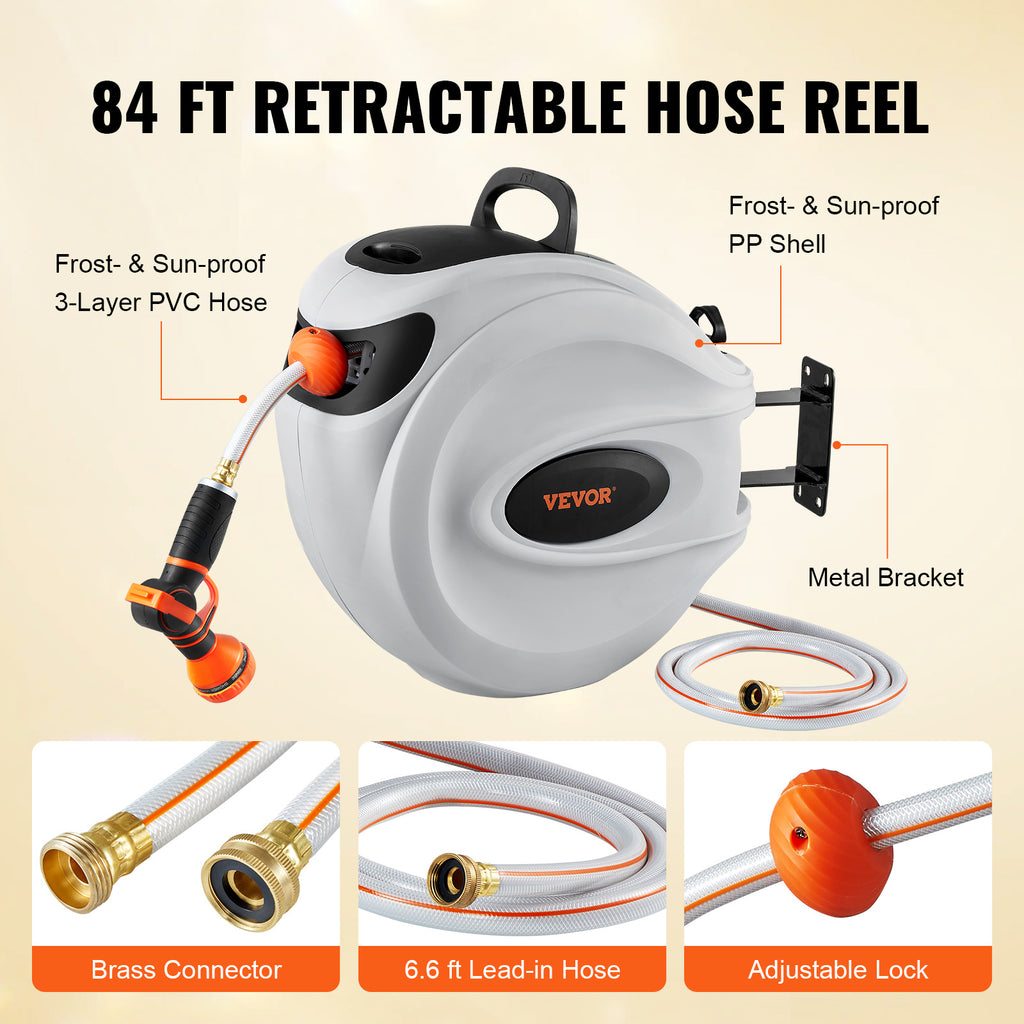 VEVOR Retractable Hose Reel Water Hose Reel 65'x5/8" / 84'x5/8" / 100'x1/2" / 115'x1/2" / 130'x1/2" 180° Swivel Wall-Mounted