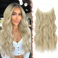 Invisible Wire Hair Extensions 20 Inch – Transparent Wire Long Wavy Synthetic Hairpiece with Secret Headband & Clips for Women, Dark Ash Blonde Mixed Bleach Blonde