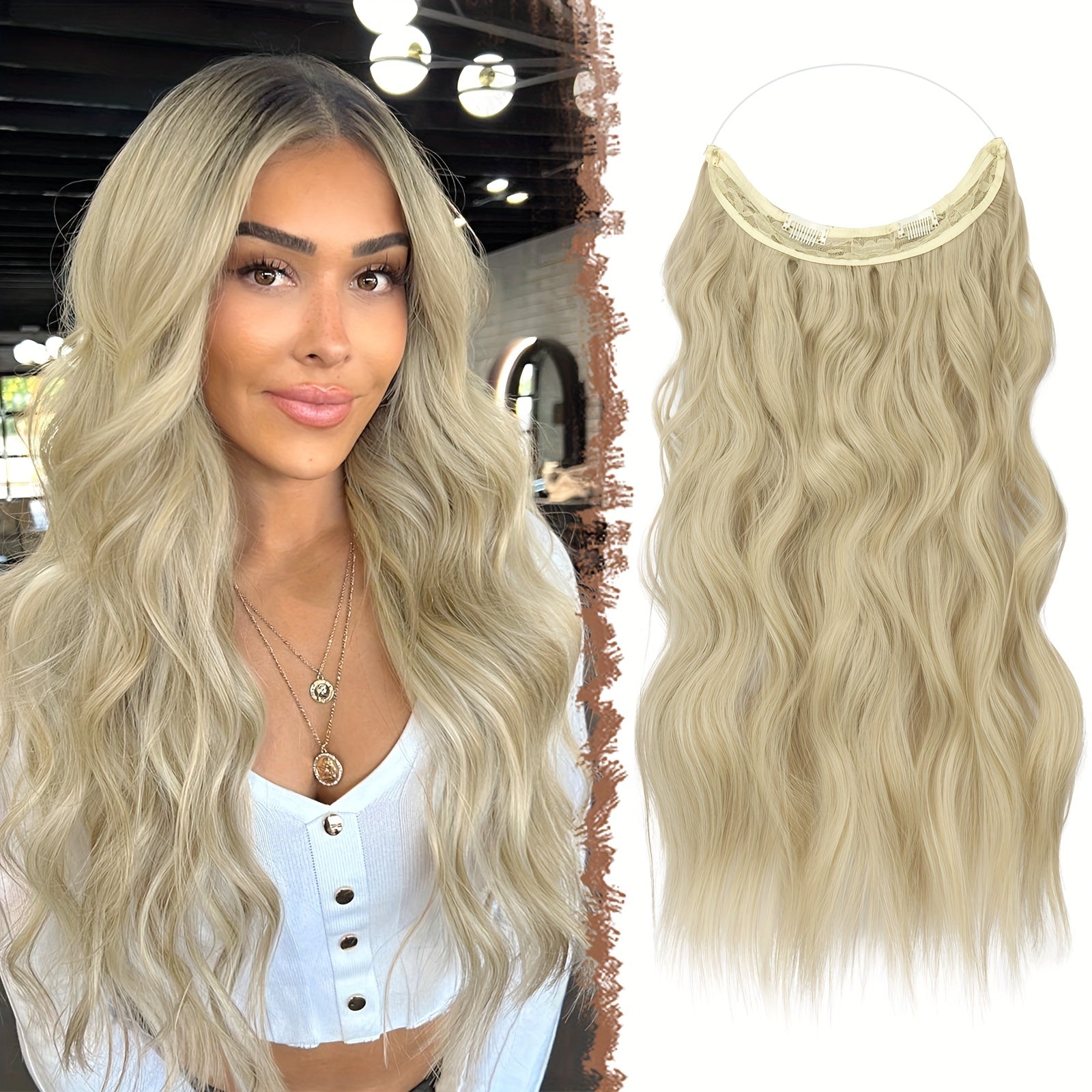 Invisible Wire Hair Extensions 20 Inch – Transparent Wire Long Wavy Synthetic Hairpiece with Secret Headband & Clips for Women, Dark Ash Blonde Mixed Bleach Blonde