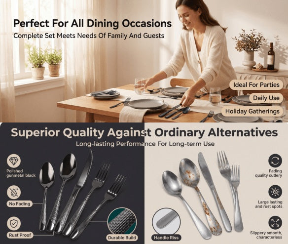 Hammered Stainless Steel Flatware Set 40-Piece – Service for 8 with Knives, Forks & Spoons | Mirror Polished Professional Cutlery, Dishwasher Safe | Silver, Rose Gold & Black | ShopVora CA