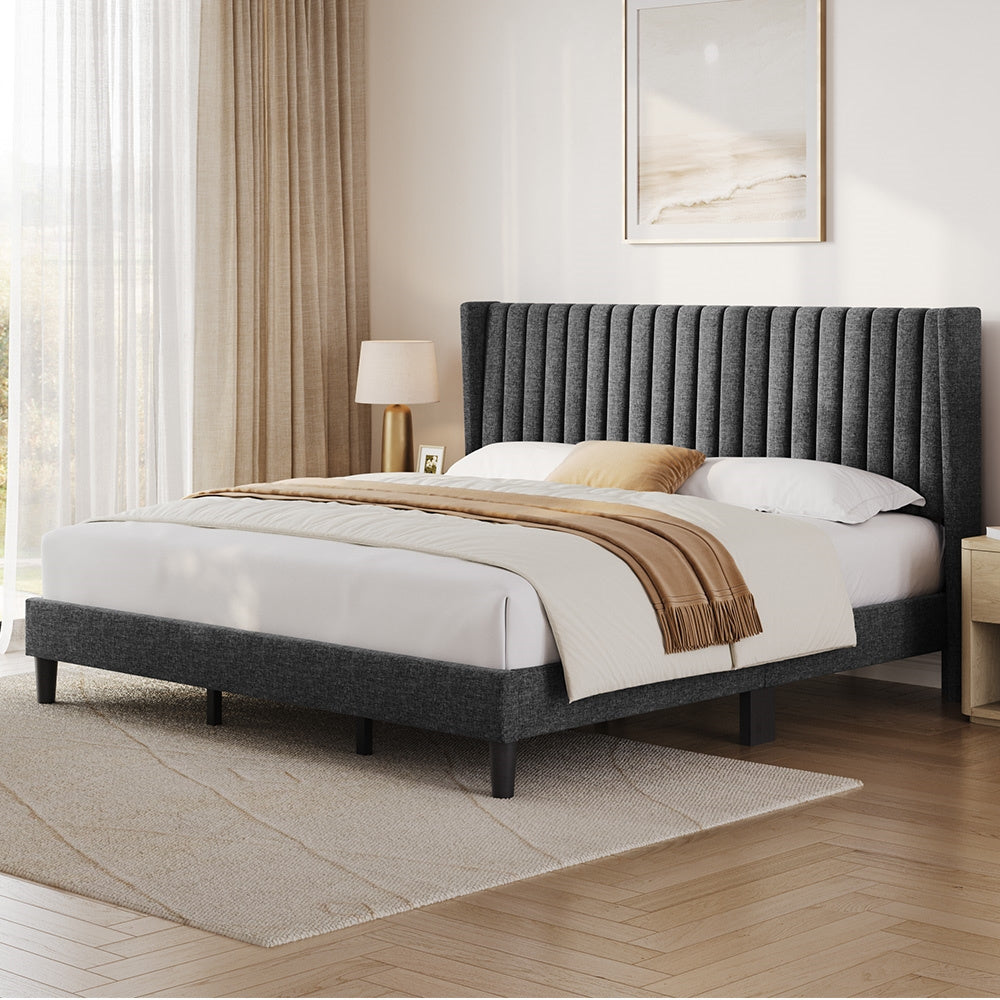 Upholstered Platform Bed Frame with Channel Tufted Headboard and Wing Side - Fabric Bed No Box Spring Needed, Wood Slat Support, 800 lb Capacity, King Queen Full, Ivory Dark Gray Black Canada