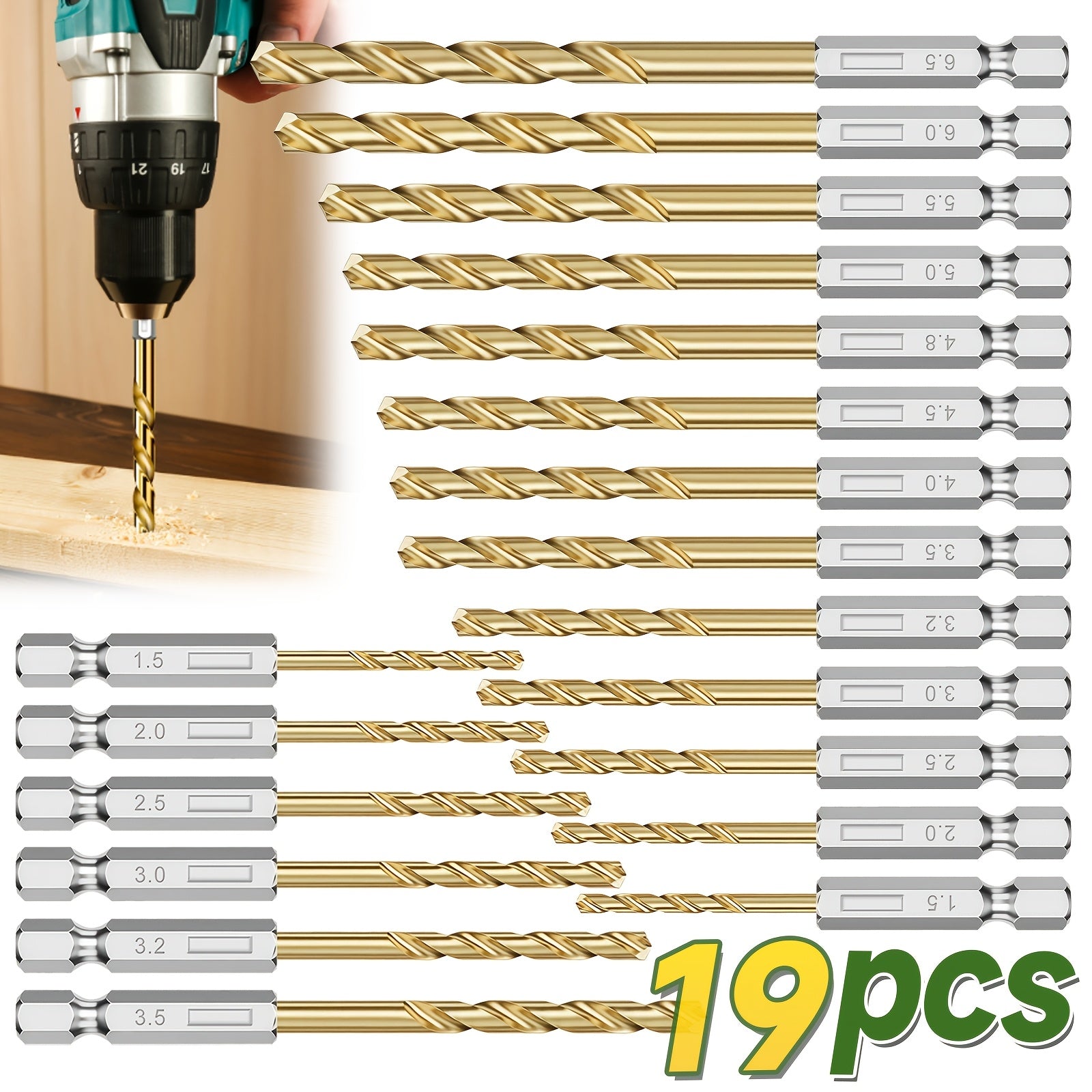 19pcs Coated Drill Bit Set, 1/16"-1/4" Sizes, Hex Shank with 135° Point Design, Quick Change, Sharp And Durable, Suitable for Wood, Metal, Plastic, And
