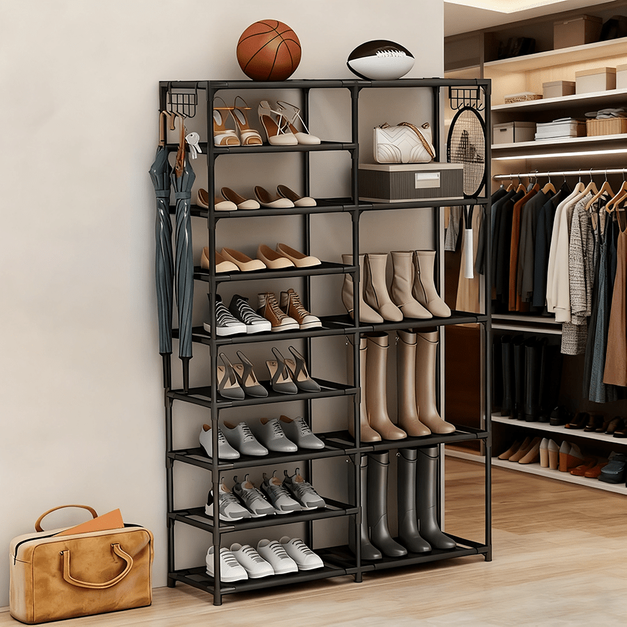 9-layer shoe rack, large capacity independent shoe rack, suitable for garages, bedrooms, and entrances, heavy-duty vertical shoe rack with two rows of multifunctional hooks, black shoe rack, can store 24-35 pairs of shoes