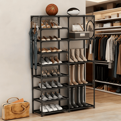 9-Tier Heavy-Duty Vertical Shoe Rack – Large Capacity 24-35 Pairs, Dual Row Multifunctional Hooks, Freestanding Black Shoe Organizer for Garage, Bedroom & Entryway | ShopVora CA