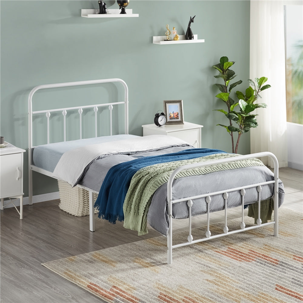 ALDEN DESIGN Bed Frame, Classic Iron Platform Bed with High Headboard and Footboard, Slatted Bed Base, Mattress Foundation, Farmhouse Platform Bed, Strong Metal-Framed Bed with Storage, Black/White, Twin/Full/Queen Size