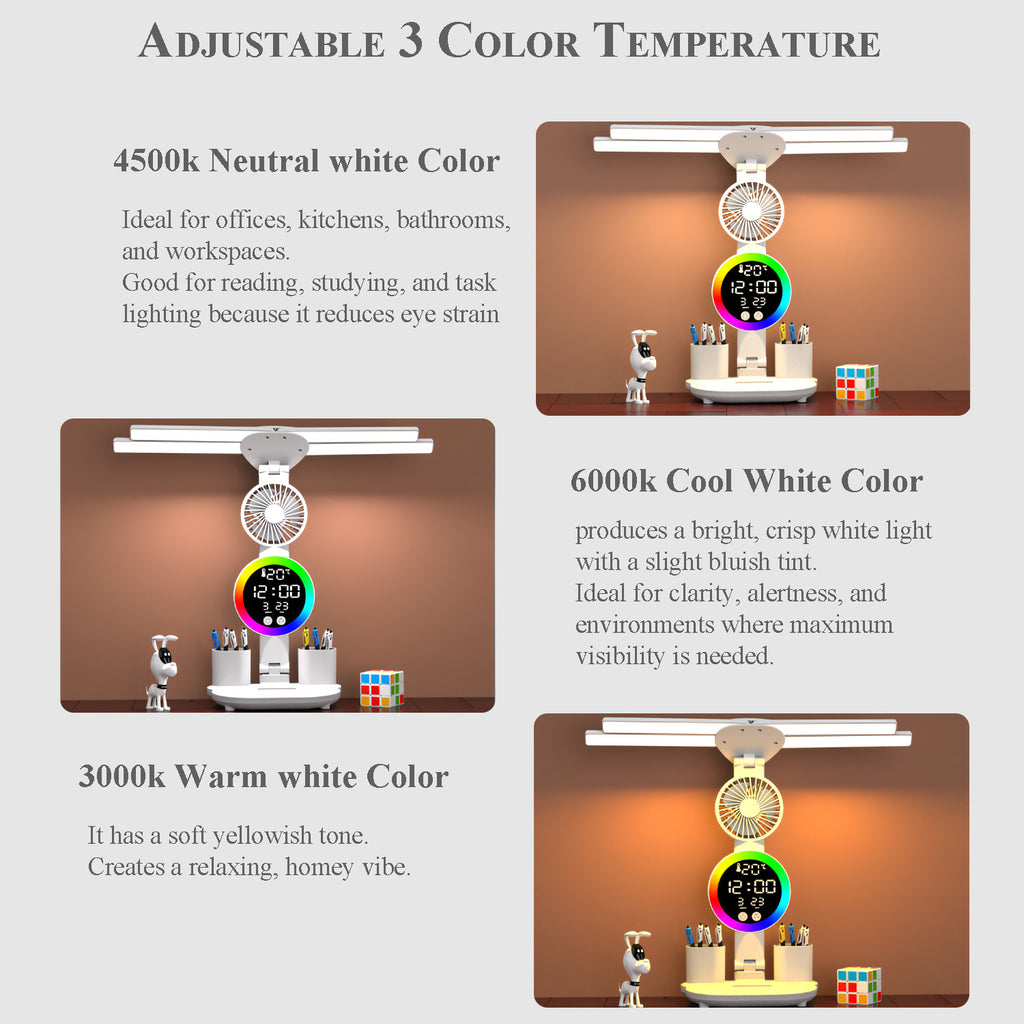 LED Desk Lamp for Study with LED Light, Built-in Fan, Time & Date Display, Temperature Display, Pen Holder Organizer, Touch Control, USB Powered (none rechargable) Multifunction Reading Lamp, Adjustable Brightness Eye-Care Table Lamp