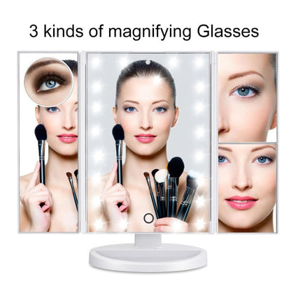 Tri-Fold LED Vanity Makeup Mirror 1x/2x/3x Magnification – 21 LED Lights, Touch Dimmer, 180° Rotation – Lighted Dressing Mirror for Women – Tabletop Makeup & Travel Mirror