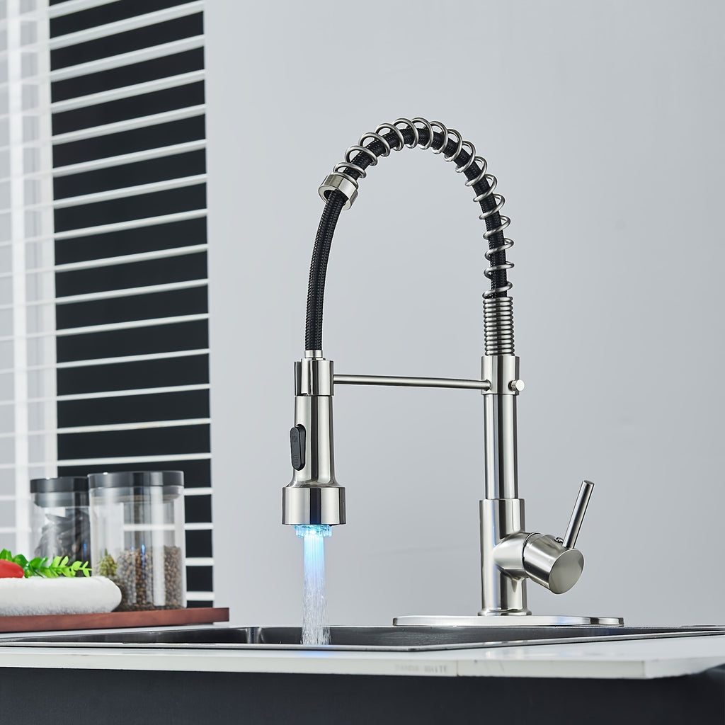 1 Set Modern Kitchen Faucet with Spring LED Pull Down Sprayer, 360° Rotation, Hot & Cold Water Mixer Sink Tap for Home & Balcony, Single Handle One Hole Commercial Kitchen Sink Faucet with Deck Plate, High Arc, Brushed Nickel
