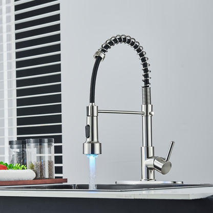 LED Spring Kitchen Faucet with Pull-Down Sprayer – 360° Rotation, Single Handle High Arc, Hot & Cold Mixer, Deck Plate Included, Brushed Nickel / Matte Black / Brushed Gold