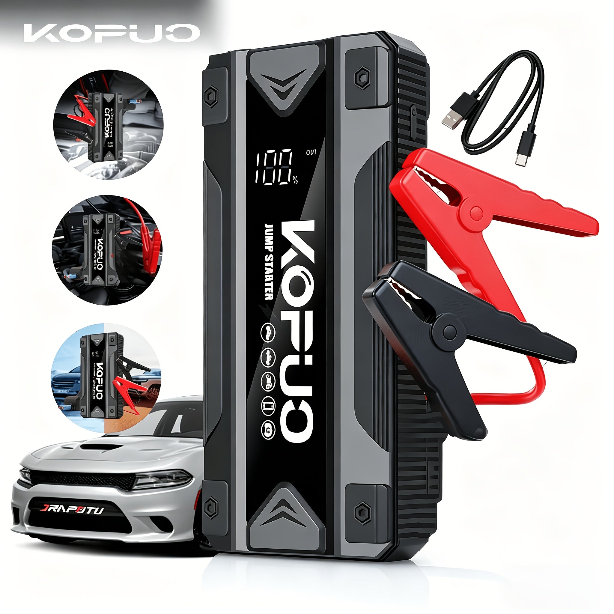 Compact Car Jump Starter 5000A/6000A with Safety Jumper Cables, Fast Charge, USB Power Bank & LED Flashlight – 12V Camping & Emergency Booster