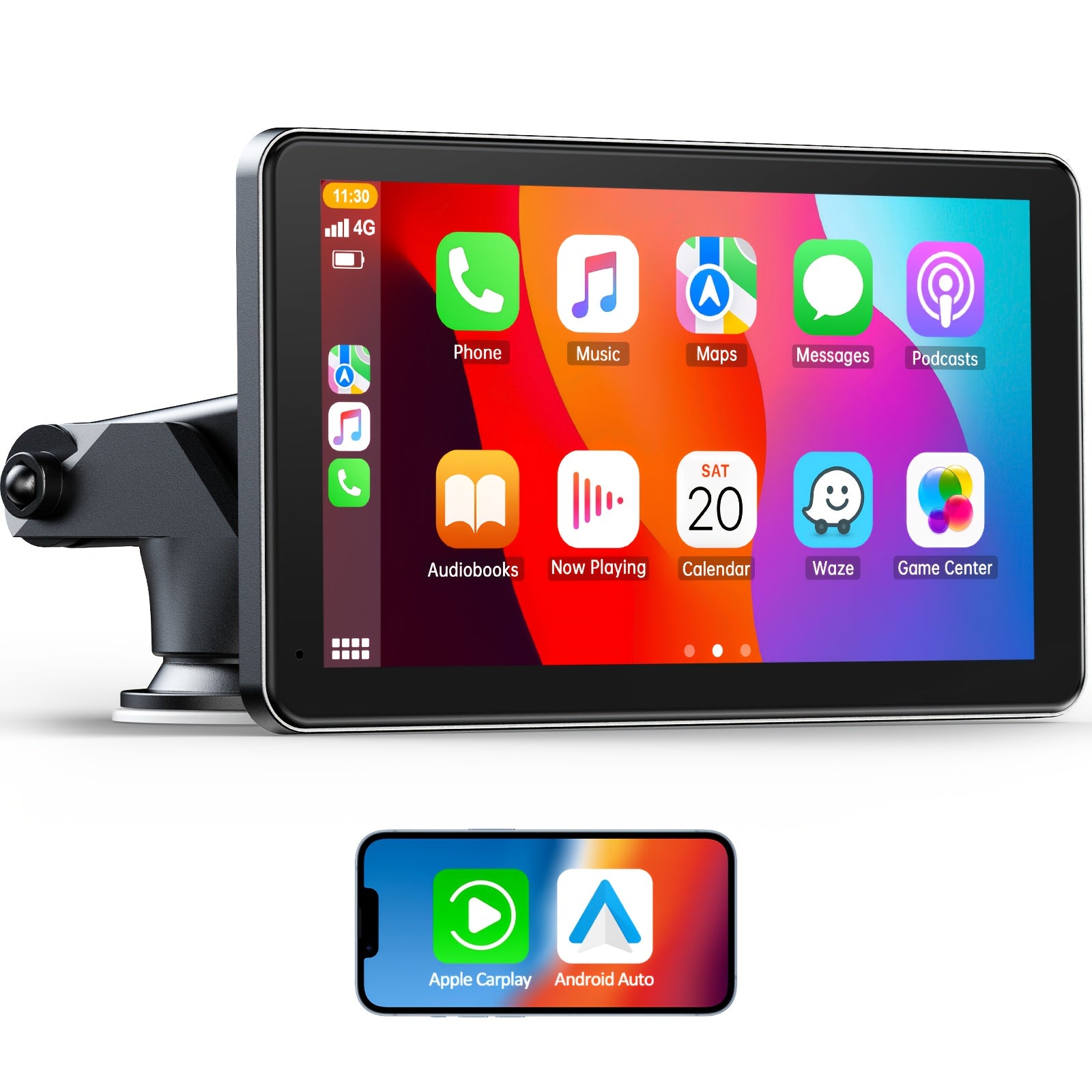 Lamtto 7 Inch Portable Wireless CarPlay Screen – Android Auto, GPS Navigation, Mirror Link, Voice Control, AUX & FM, 360° Suction Mount, 12–36V Universal for Cars Trucks SUVs Vans (Black)