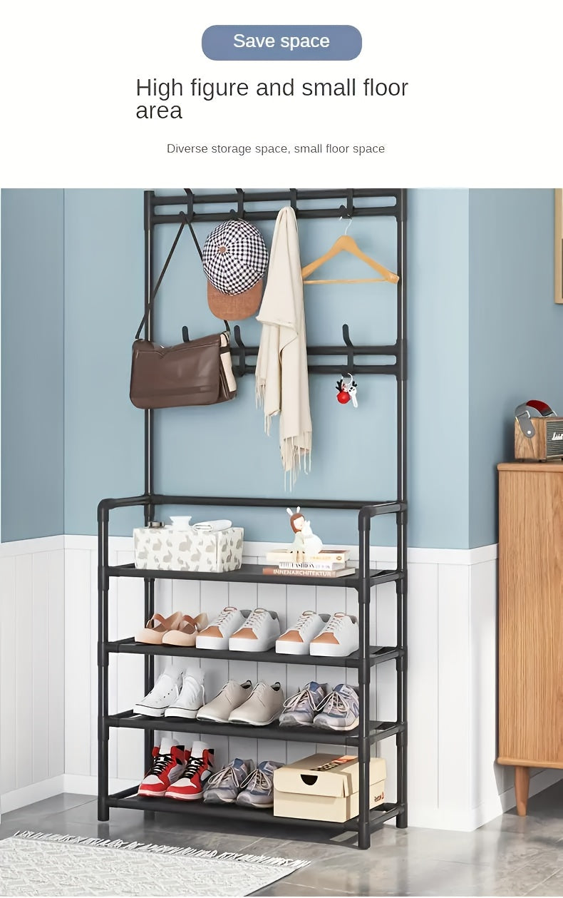 5-Tier Shoe Rack with Clothes Hanger & 8 Double Hooks 172cm – Multi-Functional Entryway Storage Rack for Living Room Bathroom Hallway, Self-Assembly