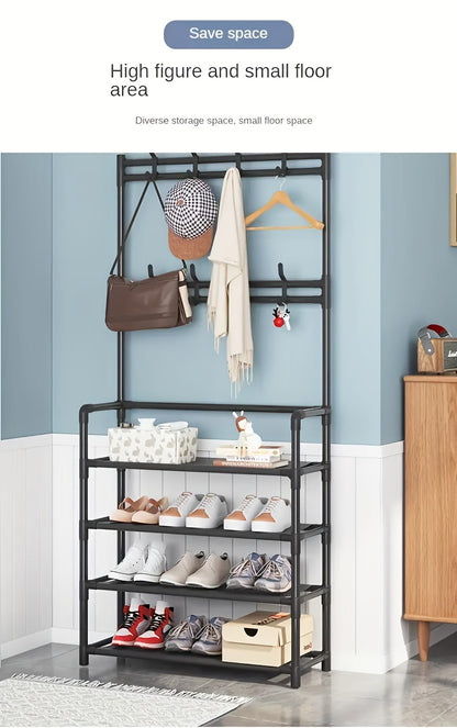 5-Tier Shoe Rack with Clothes Hanger & 8 Double Hooks 172cm – Multi-Functional Entryway Storage Rack for Living Room Bathroom Hallway, Self-Assembly