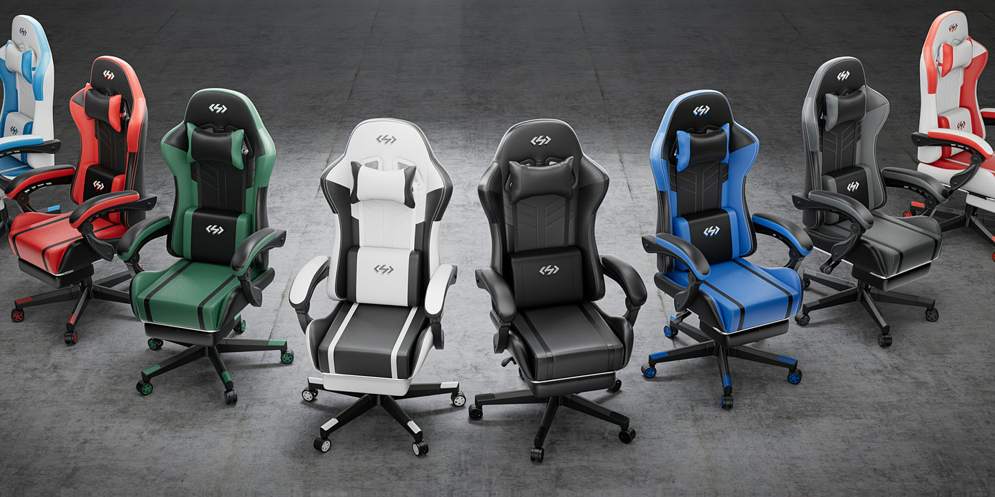 Massage Lumbar Gaming Chair with Pocket Spring Seat – High-Back PU Leather Computer Chair, Memory Foam Headrest, Retractable Footrest, 135° Recline, 360° Swivel, for Home Office & Gaming