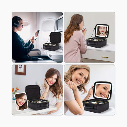 LED Lighted Makeup Bag with Mirror – Travel Cosmetic Train Case Organizer with 3-Tone Light, Adjustable Divider & Brush Board for Women – Perfect Christmas, Birthday & Holiday Gift