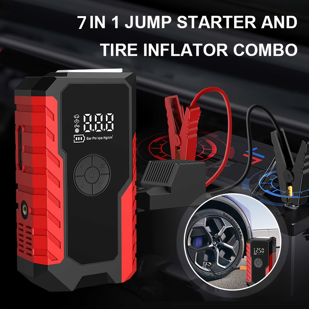Portable Car Emergency Starter Power Supply | 12V Car Battery Charger With Optional 150Psi Air Pump, Led Light, Usb Type-C And Usb Output, Rechargeable Lithium Polymer Battery, Digital Display, Various Styles