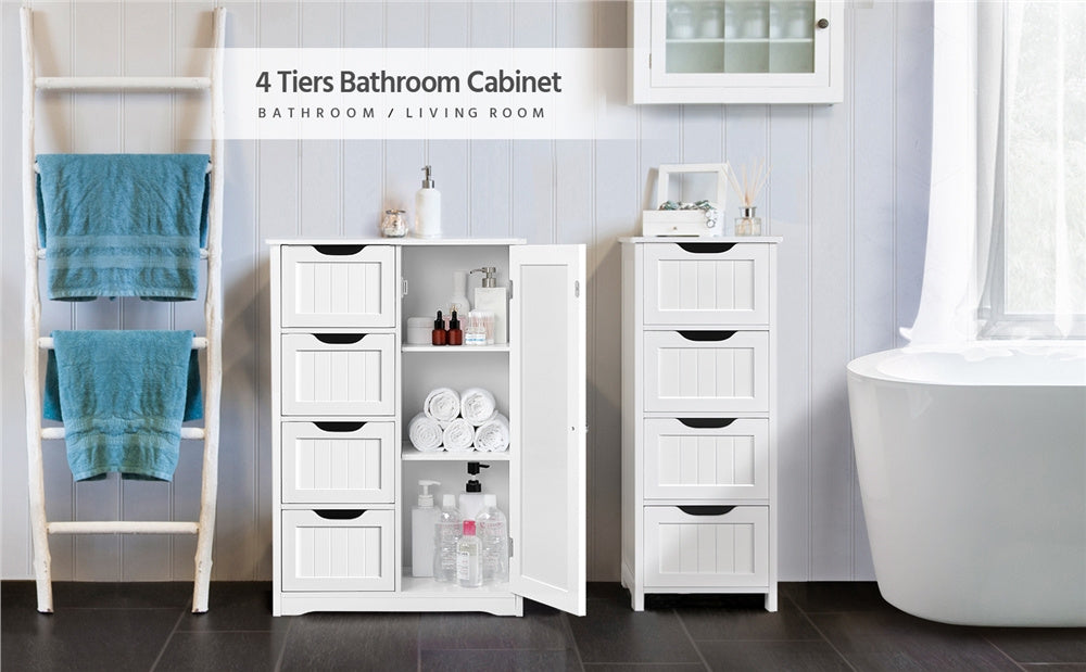 ALDEN DESIGN Bathroom Cabinet, Modern Wooden Bathroom Cabinet with 4 Drawers & Cupboard, Freestanding Wooden Storage Organizer for Kitchen, Living Room, Entryway, Furniture for Home, White/Gray