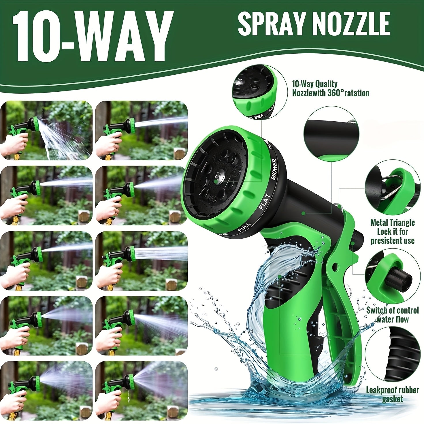 Non-Expandable Garden Hose | Commercial Grade Flexible Water Hose with 10-Function Nozzle And 3/4" Aluminum Fittings | Includes 3 Gaskets, Hook, Straight Gun Heads, And PTFE Tape, Kink-Free, Leakproof, Lightweight for Yard, Lawn, RV, Boat, Camping