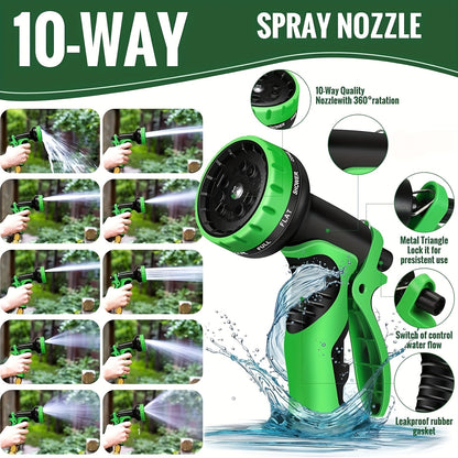 Commercial Grade Flexible Garden Hose Kink-Free with 10-Function Nozzle & 3/4" Aluminum Fittings - Leakproof Lightweight Water Hose for Yard, Lawn, RV, Boat & Camping, Includes Gaskets & PTFE Tape