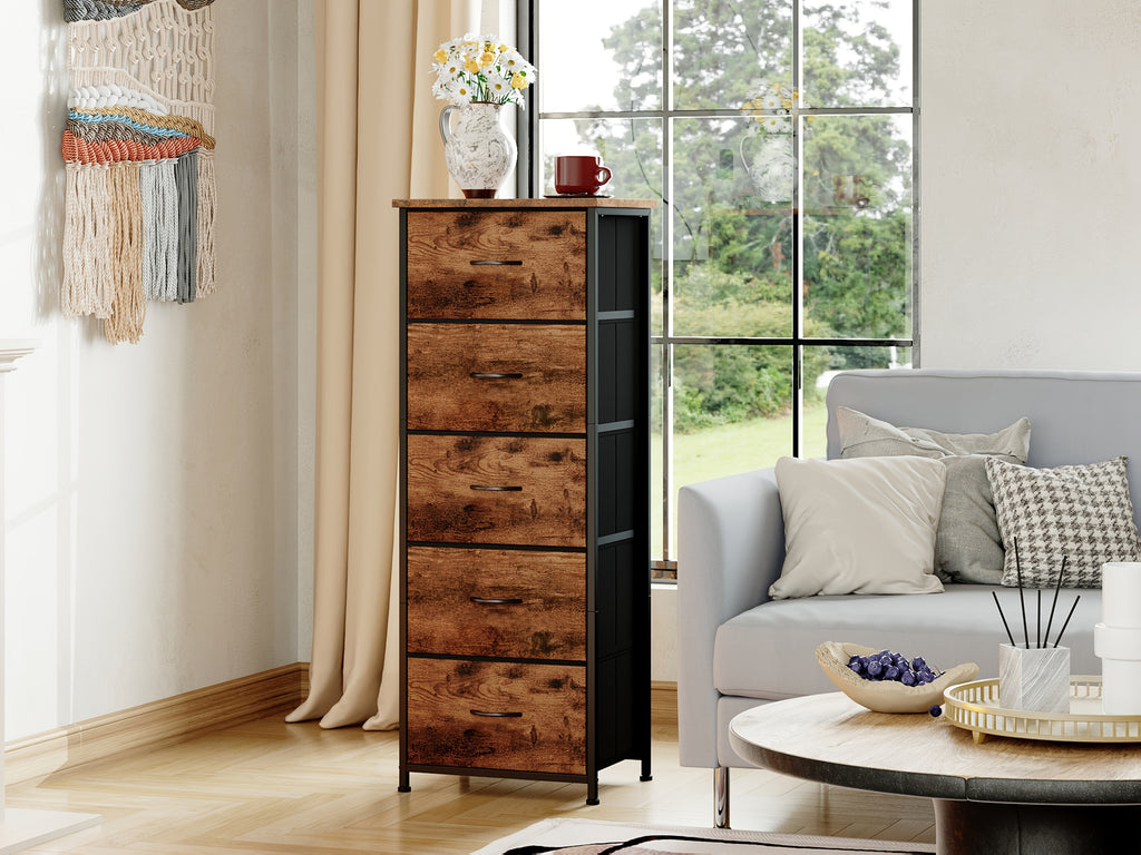 EUNOS Tall Dresser for Bedroom with 5 Drawers, Storage Chest Of Drawers with Removable Fabric Bins for Closet Bedside Laundry Living Room Entryway Hallway