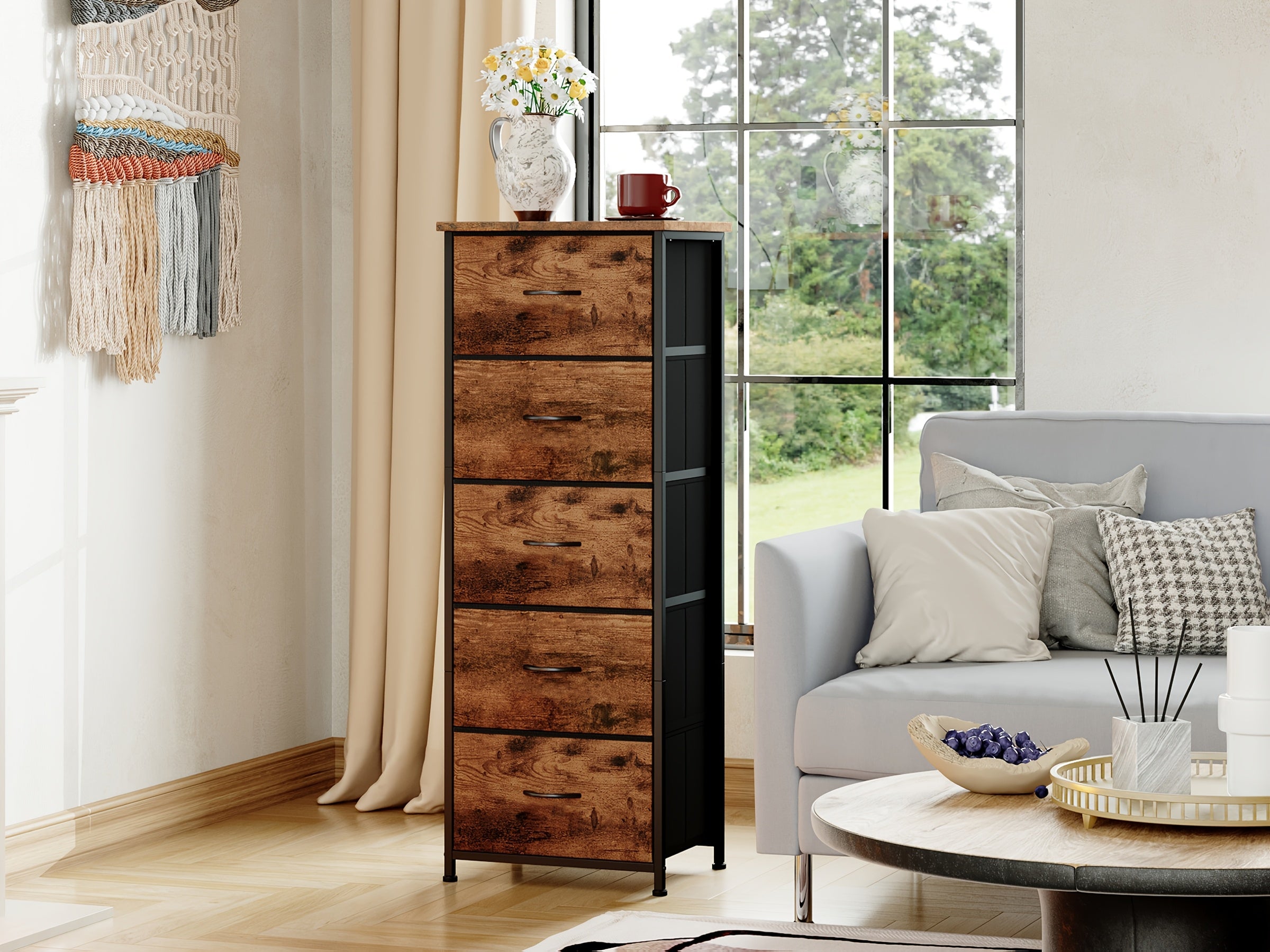 EUNOS Tall Dresser for Bedroom with 5 Drawers, Storage Chest Of Drawers with Removable Fabric Bins for Closet Bedside Laundry Living Room Entryway Hallway