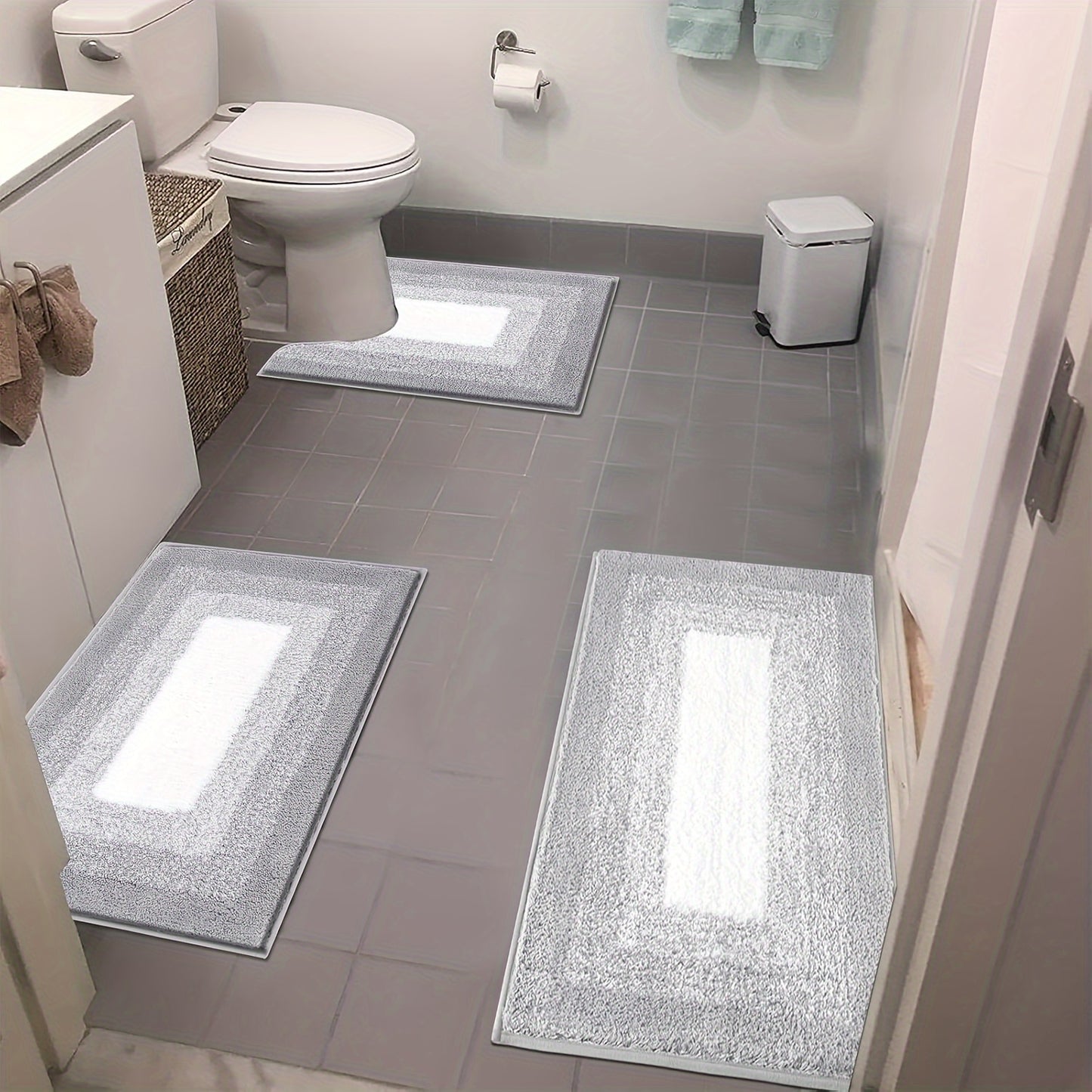 Bathroom Rugs Set 3 Piece Non Slip Ultra Soft Microfiber Bath Mats - Absorbent Plush Bath Rugs with U-Shaped Contour Toilet Mat, Machine Washable