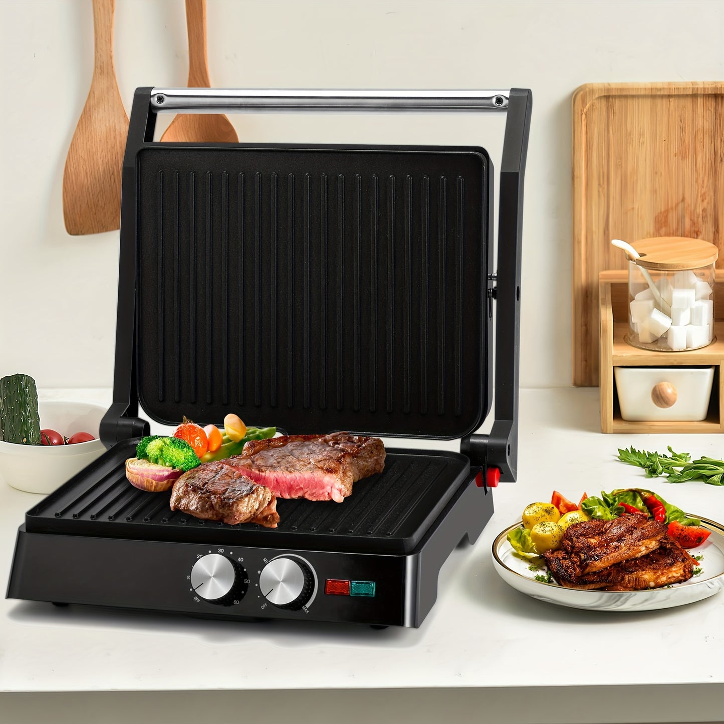 Electric Contact Grill 3-in-1 Indoor Panini Press & Sandwich Maker with Non-Stick Stainless Steel Plates, 180° Opening, Floating Hinge, Grease Tray & Preheat Indicator – Compact Countertop Grill for Burgers, Steaks & Wraps