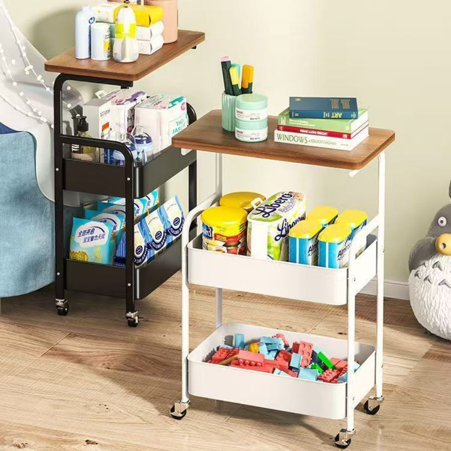 Versatile 3-Tier Rolling Storage Cart with Wheels - Slim Design, Wooden Top & Mesh Baskets for Kitchen, Office, Bathroom - Durable Metal Frame, Powder-Coated Finish - Black/White