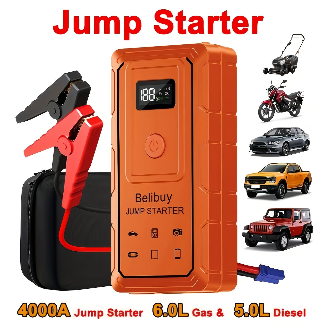 High-Power Portable Car Starter with 6000mAh Rechargeable Battery & USB Charging – Upgraded Emergency Booster for Vehicles Under 36V