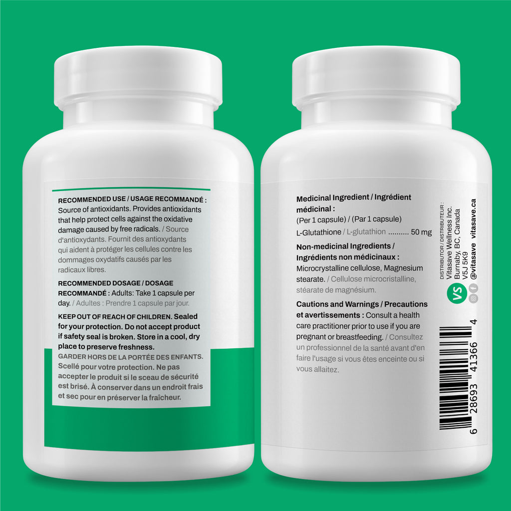 Vitasave L-Glutathione Supplement – 50mg Powerful Antioxidant for Immune Support, Skin Health – Vegan, Non-GMO, Gluten-Free – Third-Party Tested, Made in Canada – 120 Capsules (4-Month Supply)