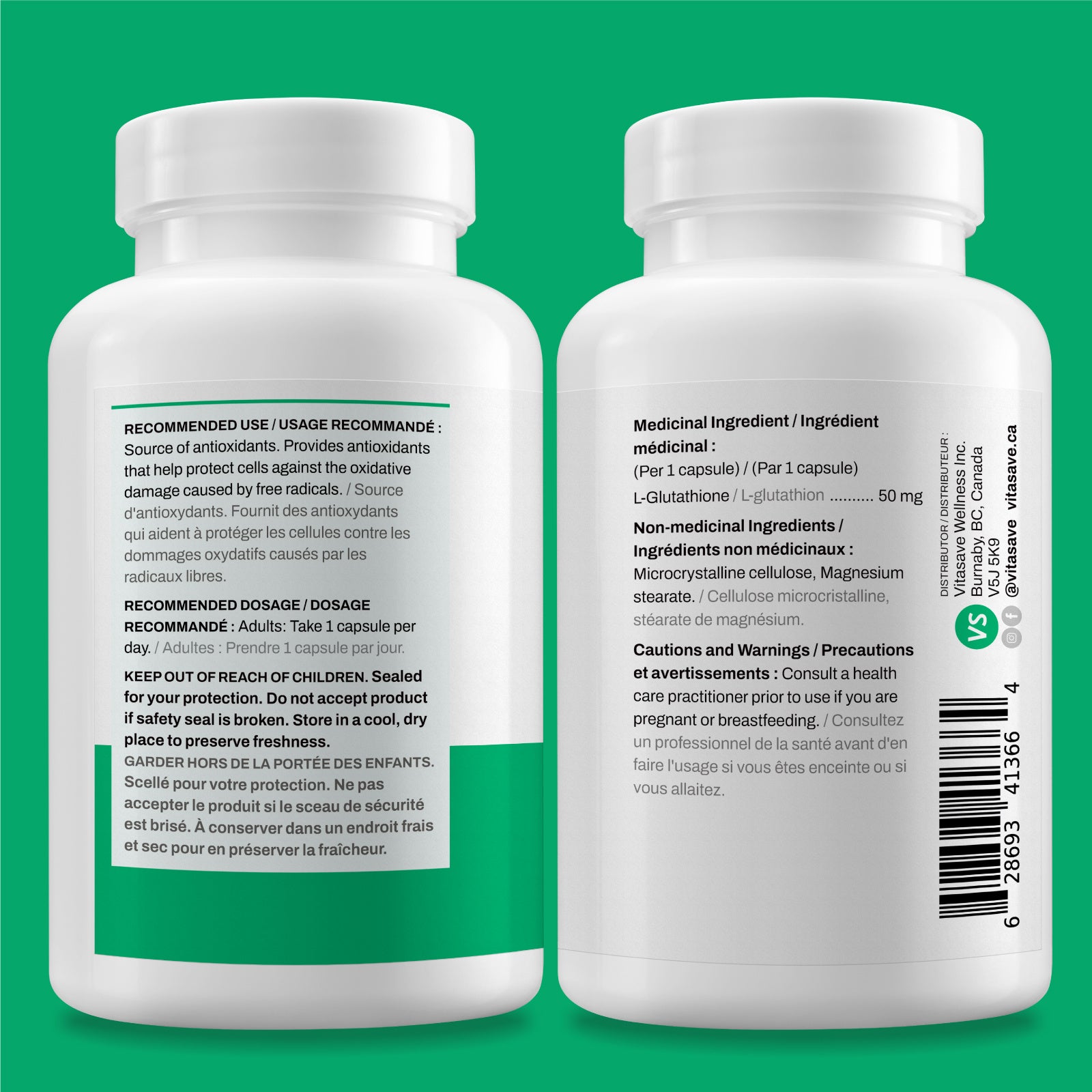 Vitasave L-Glutathione Supplement – 50mg Powerful Antioxidant for Immune Support, Skin Health – Vegan, Non-GMO, Gluten-Free – Third-Party Tested, Made in Canada – 120 Capsules (4-Month Supply)