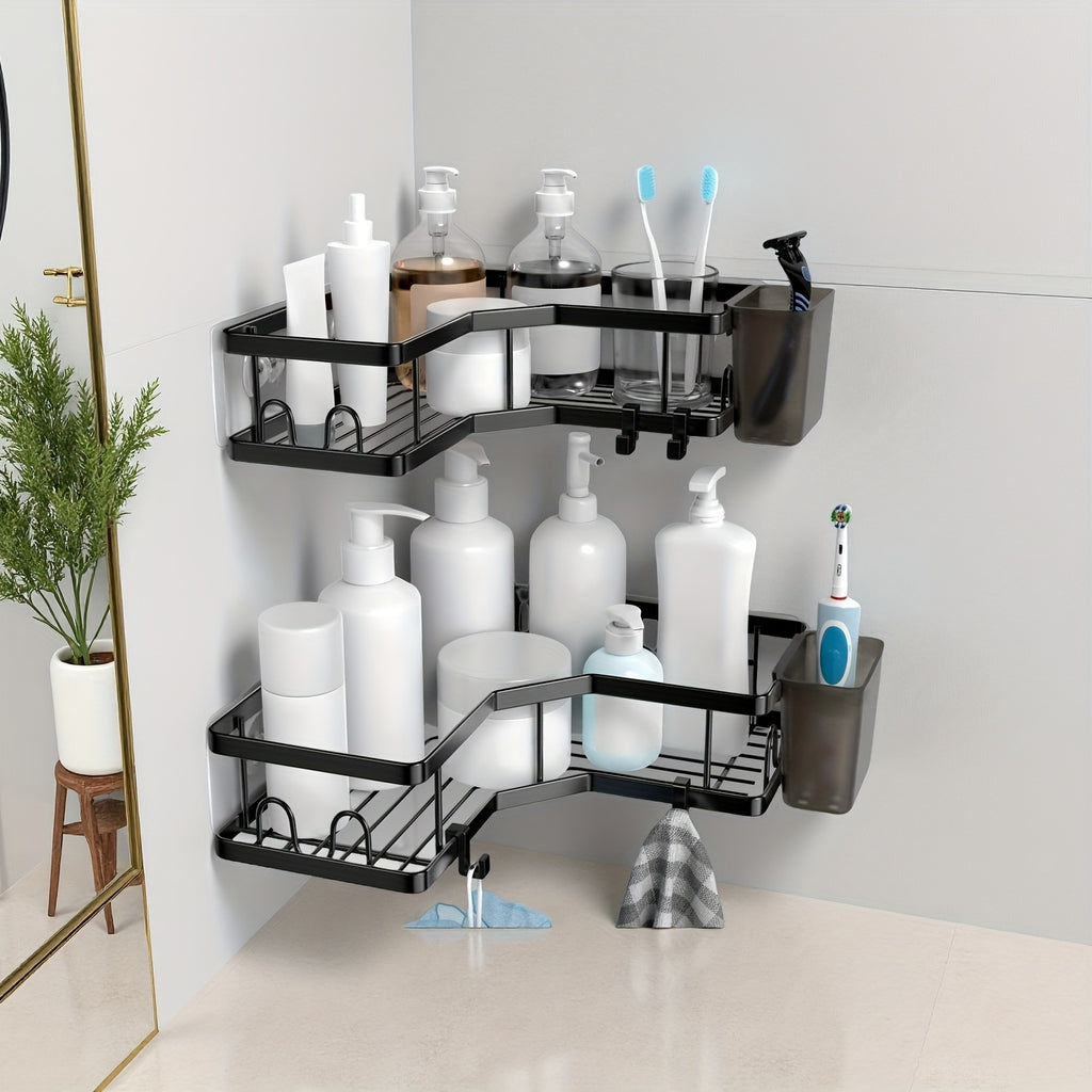 Corner Shower Caddy, 2 Pack Adhesive Shower Corner Organizer Shelves, No Drilling Stainless Steel Shower Storage Rack with Hooks&Toothpaste Holder for Bathroom, Dorm and Kitchen