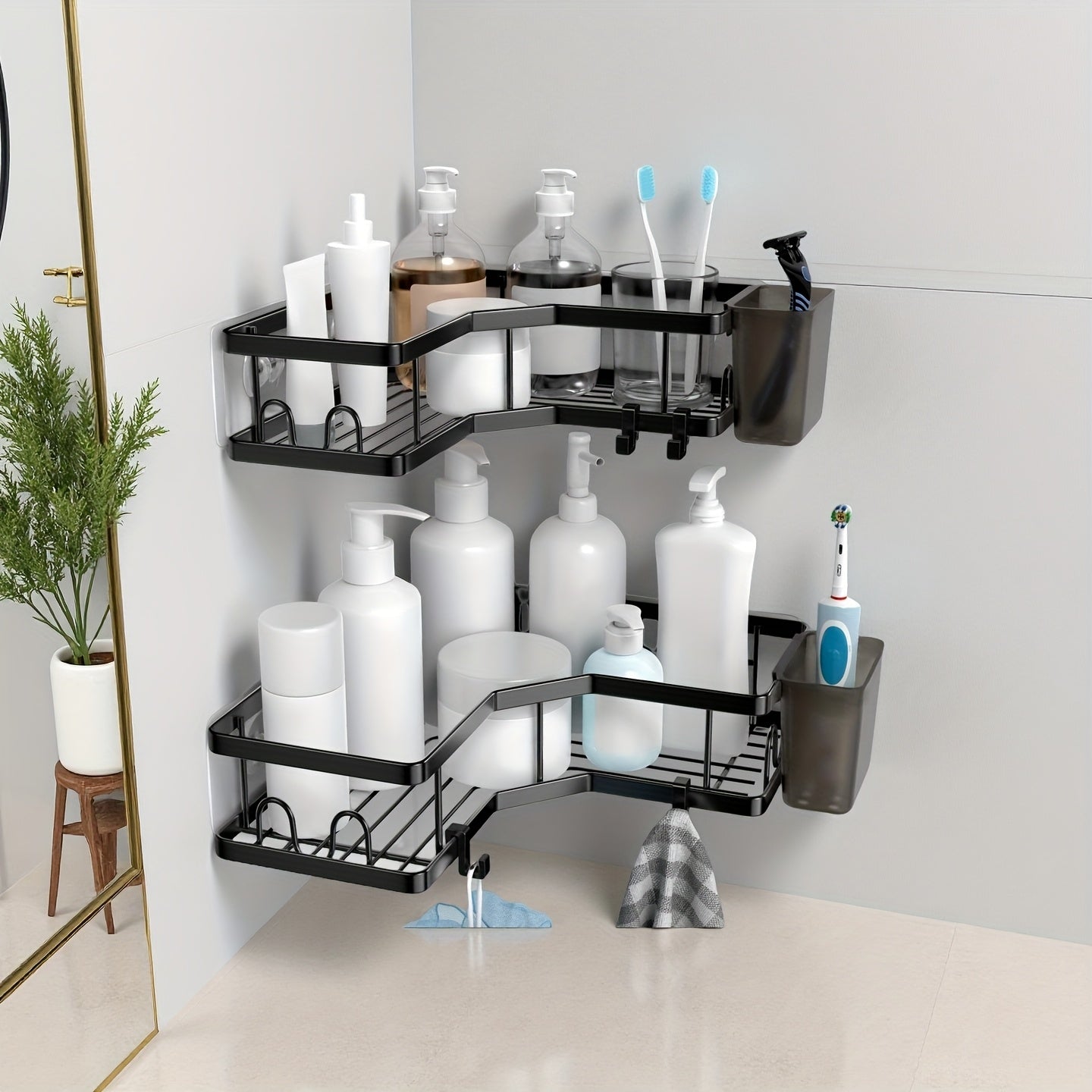 Corner Shower Caddy, 2 Pack Adhesive Shower Corner Organizer Shelves, No Drilling Stainless Steel Shower Storage Rack with Hooks&Toothpaste Holder for Bathroom, Dorm and Kitchen