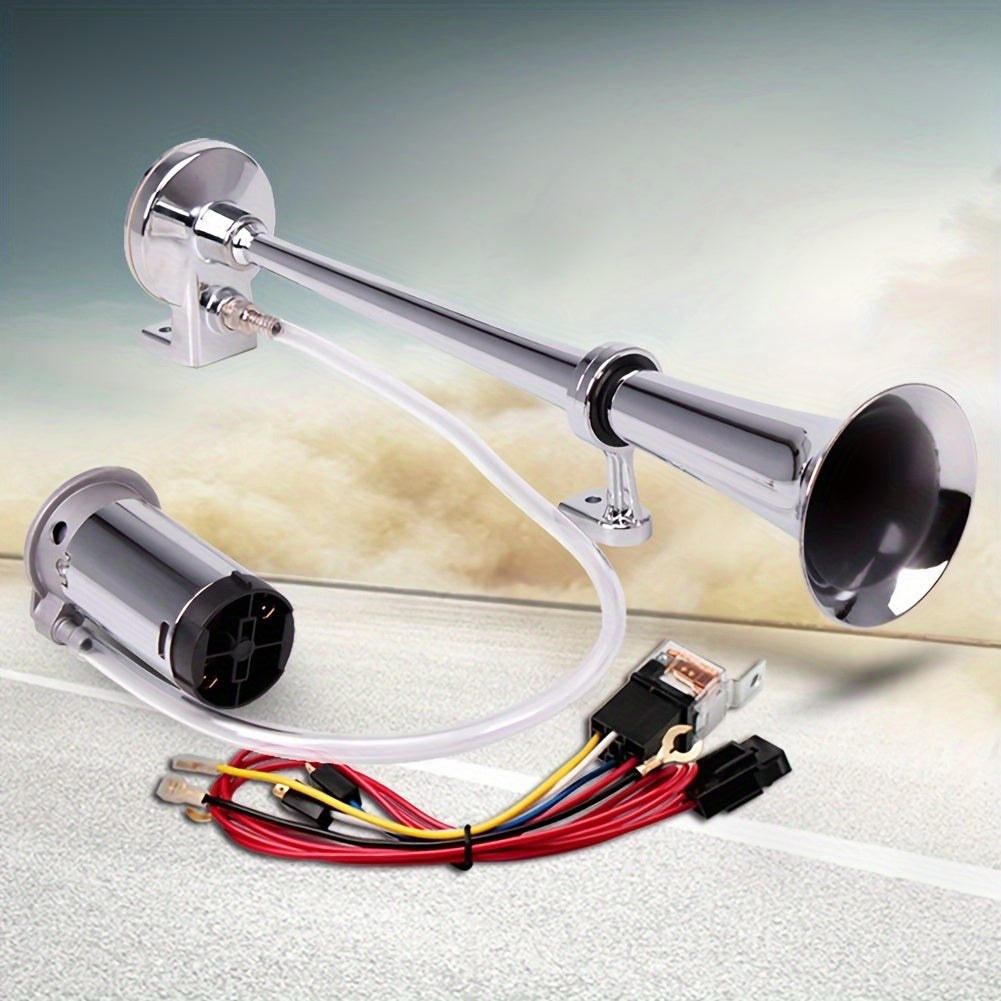 ALLREY 12V Air Horn Kit, Super Loud 18 Inches Single Trumpet Truck Horn, Train Horn With Compressor For Any 12V Vehicles Silver Black Button