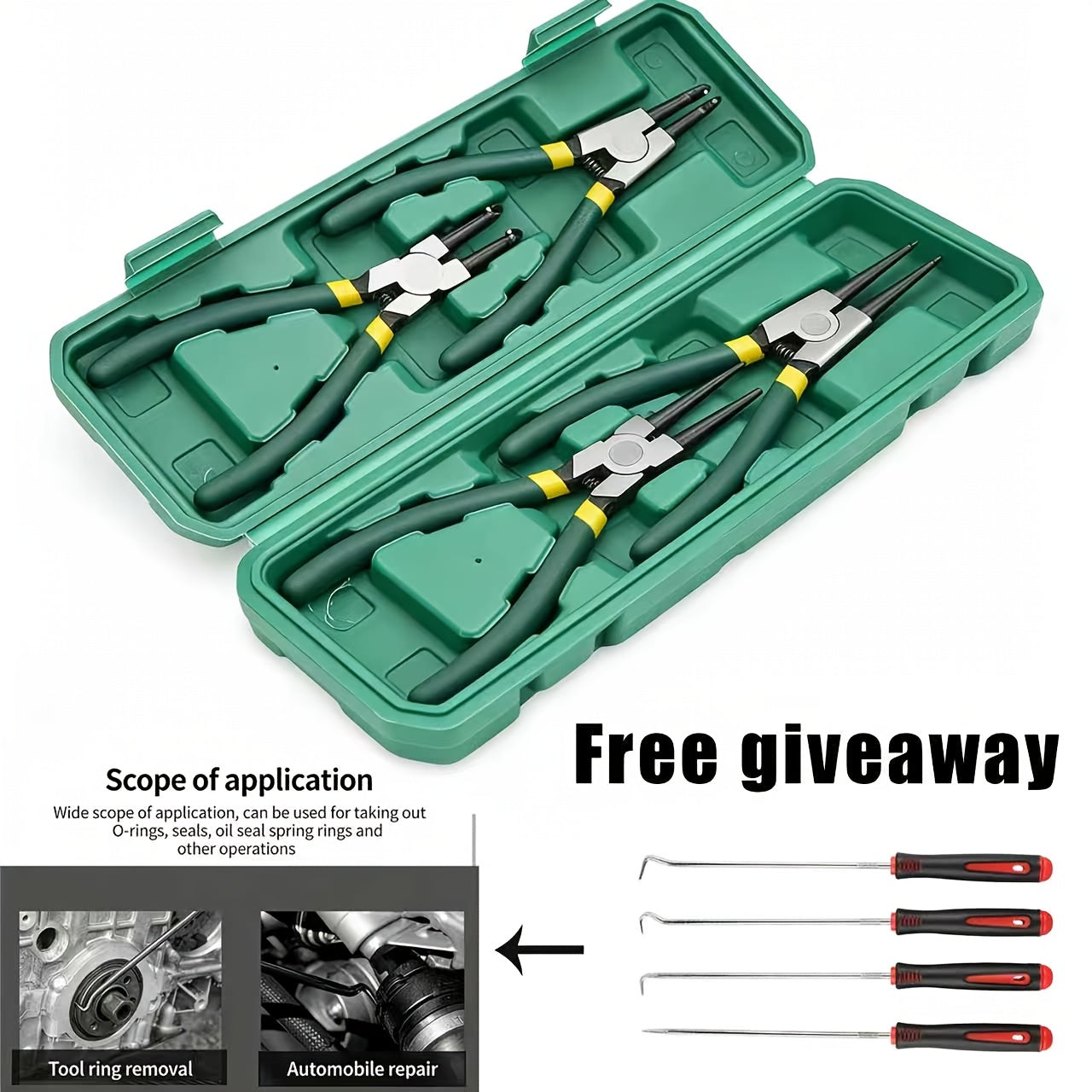 4-Piece Snap Ring Pliers Set 7-Inch Chrome Vanadium Steel - Heavy Duty Internal & External Circlip Removal Tool, Right Angle & Straight Bent Tip, Professional C-Clamp Ring Wrench Kit