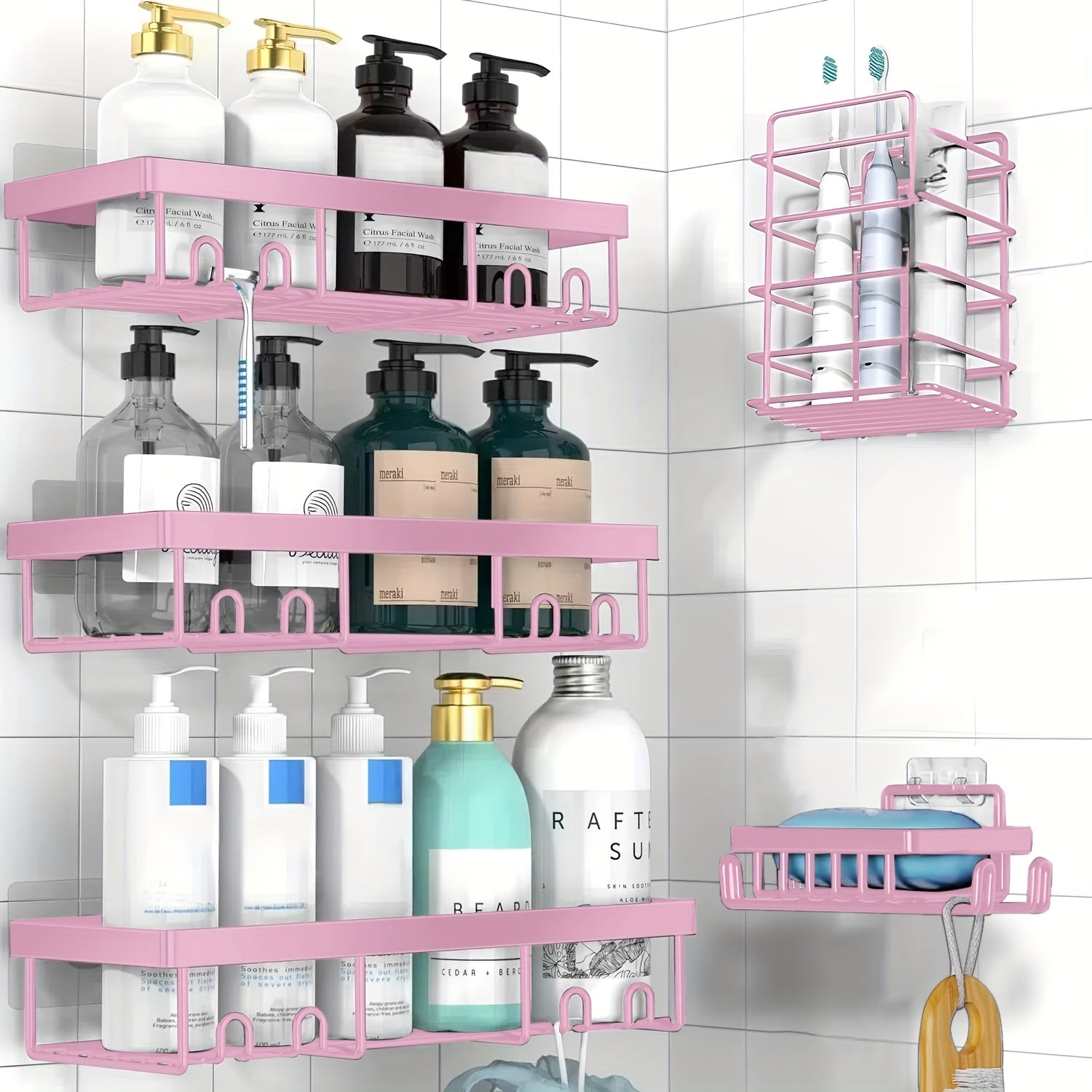 Stainless Steel Shower Caddy 5-Piece Set – Wall Mounted Adhesive Bathroom Organizer with Soap Dish & Toothbrush Holder | No-Drill Shower Shelf Rack for Inside Shower | 9 Colours | ShopVora CA