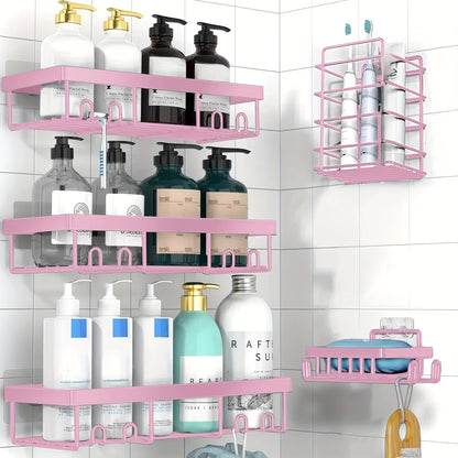 Stainless Steel Shower Caddy 5-Piece Set – Wall Mounted Adhesive Bathroom Organizer with Soap Dish & Toothbrush Holder | No-Drill Shower Shelf Rack for Inside Shower | 9 Colours | ShopVora CA