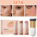 Cream Contour Kit 3pcs - Hellokiss Waterproof Blush Highlighter Bronzer Sticks with Brush, Non-Greasy Plant-Based Squalane Formula, Long-Lasting Flawless Finish for All Skin Types