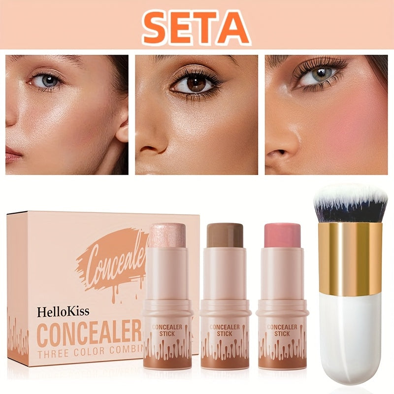 Cream Contour Kit 3pcs - Hellokiss Waterproof Blush Highlighter Bronzer Sticks with Brush, Non-Greasy Plant-Based Squalane Formula, Long-Lasting Flawless Finish for All Skin Types