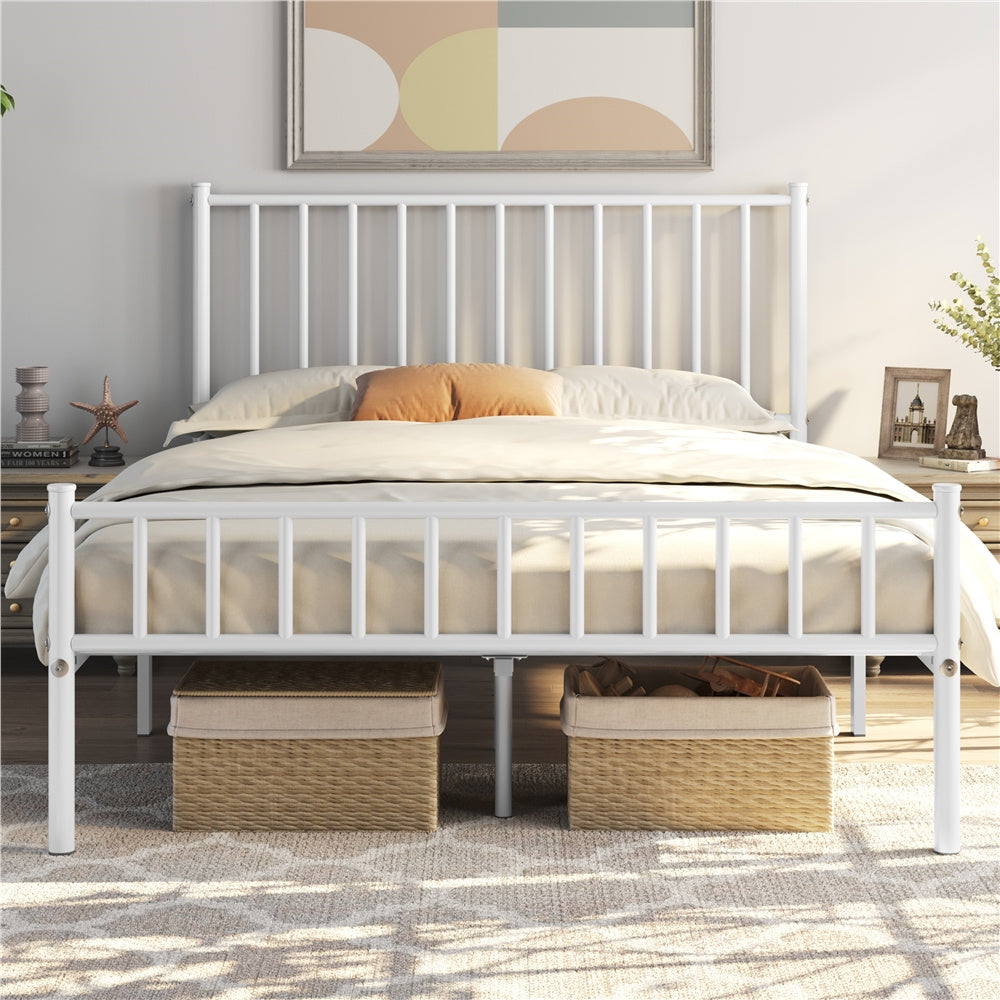 ALDEN DESIGN Bed Frame, Metal Platform Bed Frame, Minimalist Metal Bed Frame with Vertical Bar Headboard and Footboard, Underbed Storage, Bedroom, Farmhouse Metal Bed Foundation for Guest Room, Loft, Condo, Apartment, White/Black, Twin/Full/Queen Size