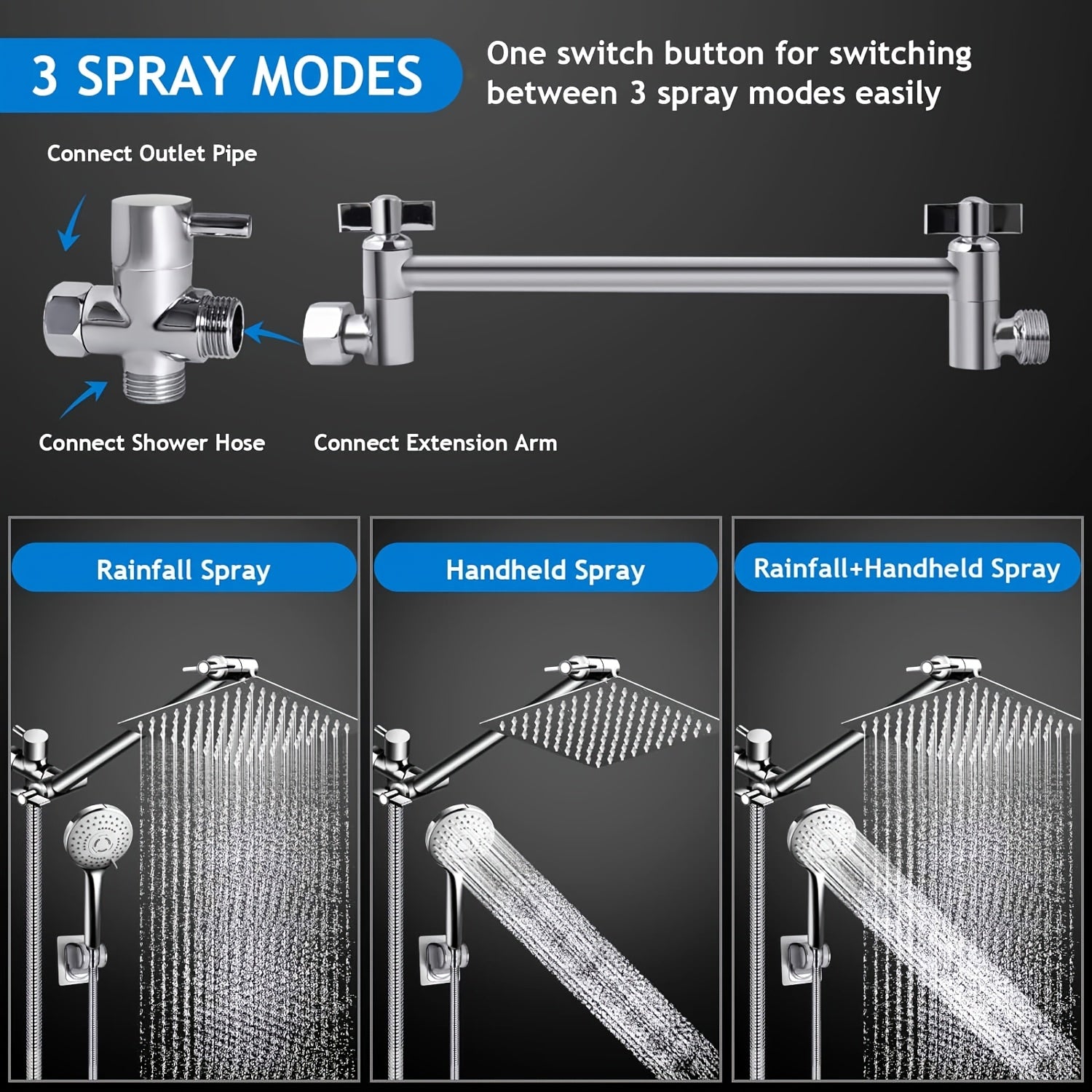 Shower Head, 8 Inch High Pressure Rainfall Shower Head/Handheld Shower Combo with 11 Inch Extension Arm, 5 Settings Adjustable Anti-leak Shower Head with Holder/Hose, Height/Angle Adjustable