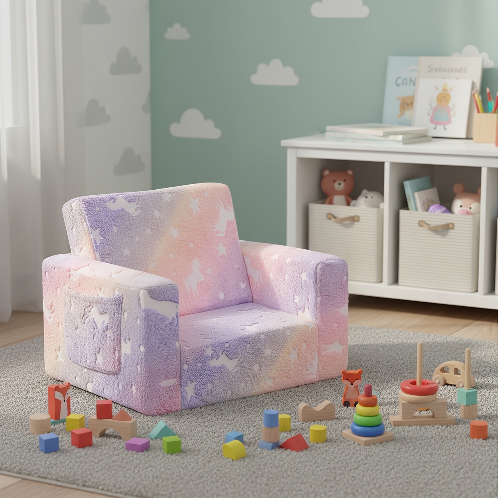 Kids Sofa Bed Chair Foldable Plush Lounger 2-in-1 Convertible Toddler Couch with Armrest Machine Washable Stackable Multipurpose Furniture for Bedroom Playroom Living Room Nursery Canada