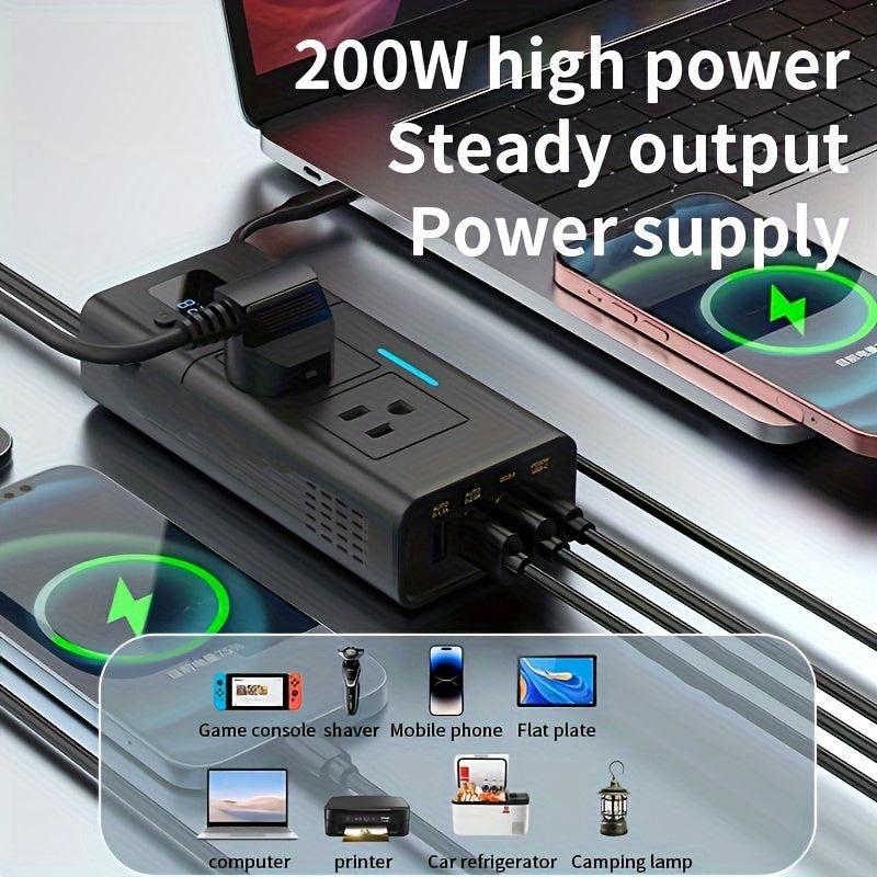 200W Car Power Inverter Newly Car Plug Adapter Outlet Charger DC 12V To 110V Car Inverter With 1. 2A&2. 4A USB, 1 QC3. 0 USB And 1 Type C Ports Black, Without Battery