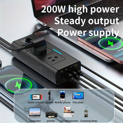 200W Car Power Inverter DC 12V to AC 110V – QC3.0 USB + Type-C + Dual USB Ports, Compact Car Plug Adapter for Laptops, Phones & Devices – Road Trip & Travel Canada