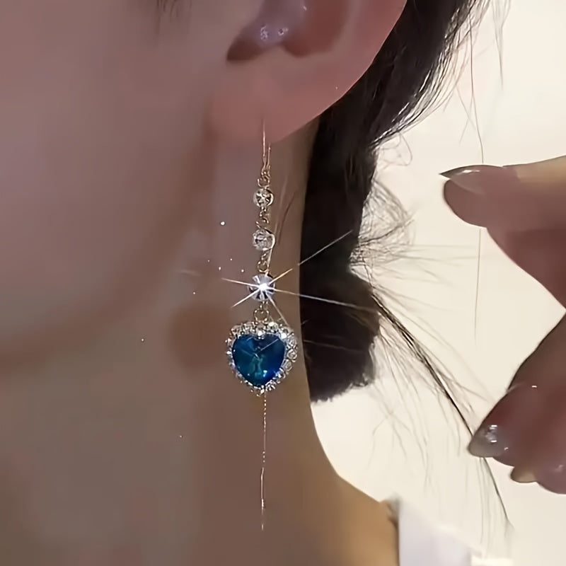 Two Pairs of Elegant Heart-Shaped Earrings Featuring Blue And Green Artificial Crystals with Tassels, Adorned with Sparkling Rhinestones, Making Them a Perfect Accessory for Women on Any Occasion, And an Ideal Gift for Valentine'S Day