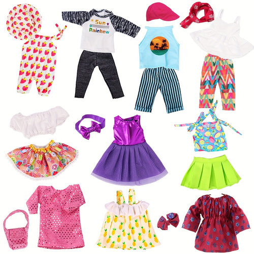 10 Sets Doll Clothes for 18 Inch Dolls – Trendy Fashion Outfits with Elastic & Velcro, Creative Role Play Gift for Girls Age 3+ (Doll & Shoes Not Included)