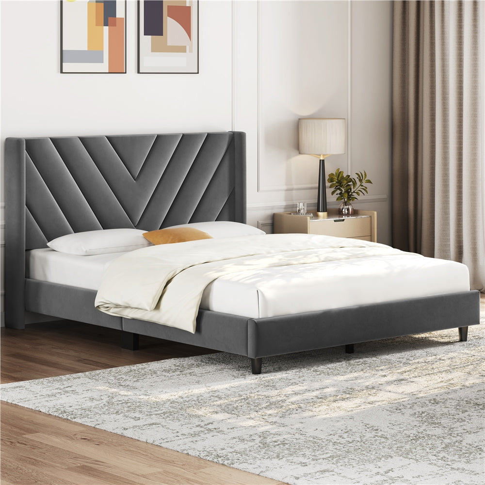 Upholstered Platform Bed with Tufted Headboard Wing Edge Wooden Slats Queen Full Bed Frame 800lb Capacity Beige Dark Gray Light Gray Pink - Canada