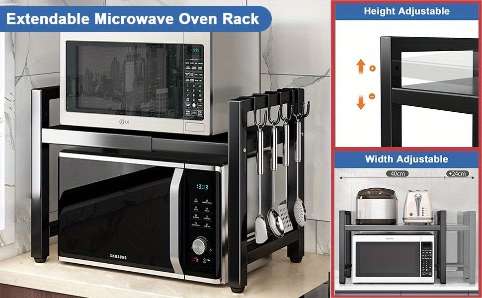 Expandable Microwave Oven Rack Microwave Shelf, Adjustable Width & Height Kitchen Counter Organizer Shelf Stand, Pot Pan Grill Storage Racks, Width 15.75-25.2inch Black