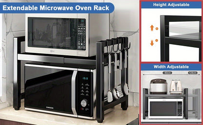 Expandable Microwave Oven Rack with Adjustable Width & Height – Kitchen Counter Organizer Shelf Stand for Microwave, Pots, Pans & Appliances, No Drilling Required, 15.75–25.2 Inch – Black